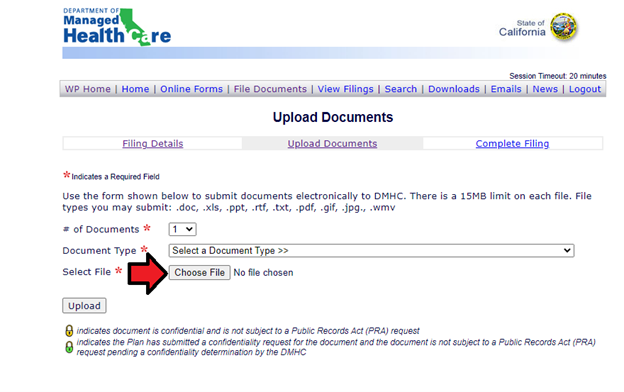 Screenshot of Upload Documents page with arrow pointing to Choose File button.